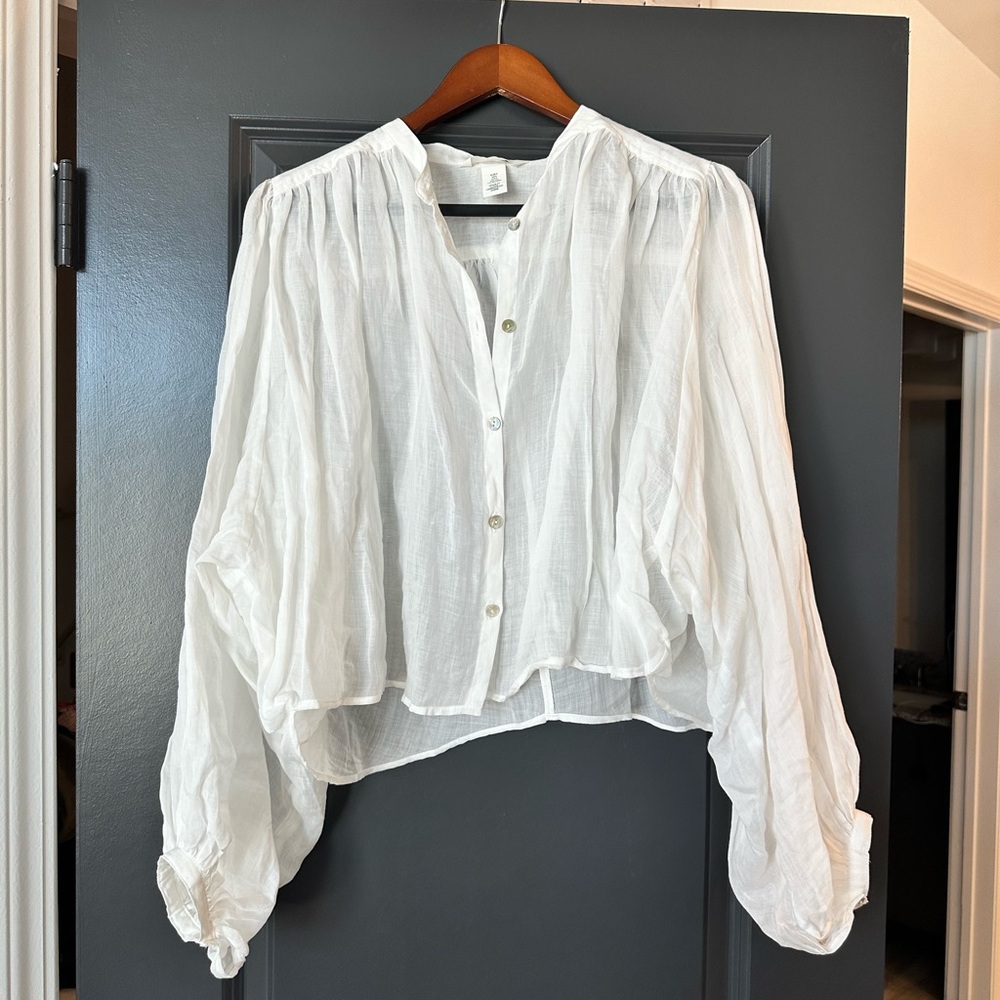 H&M linen blend white long sleeve blouse